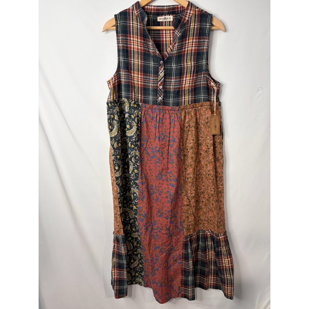 Natural Life Patchwork Plaid Floral Cotton Midi Dress Sz M Cottage Boho Country